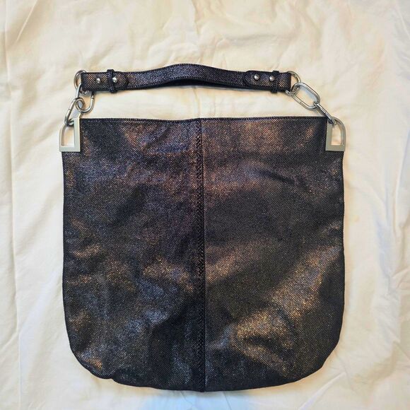 Badgley Mischka Designer Gray Suede Silver Hobo Shoulder Bag Dark Romance Boho - Picture 2 of 8